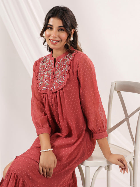 Janasya Women's Mauve Dobby Chiffon Embroidered A-line Dress